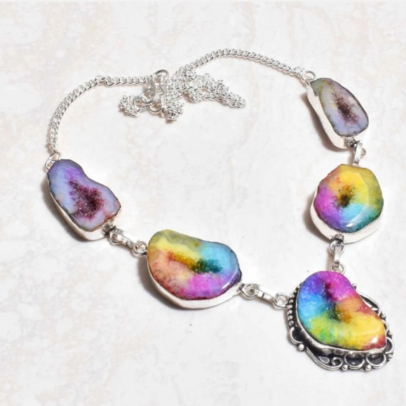 STERLING SILVER RAINBOW 🌈 SOLAR QUARTZ NECKLACE - Picture 1 of 1